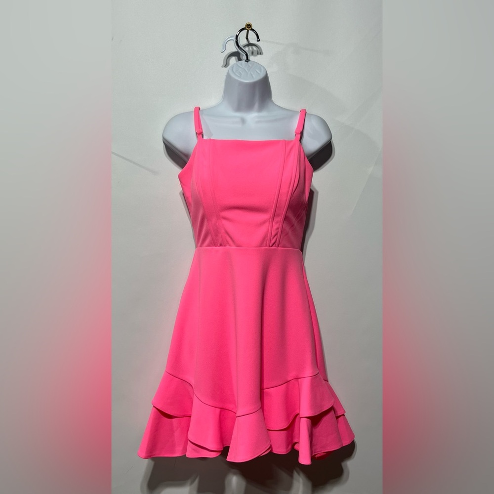 Dear Moon Corset Bodice Bow Back‎ Ruffle Hem Dress Vibrant Pink Size 9 NWT
